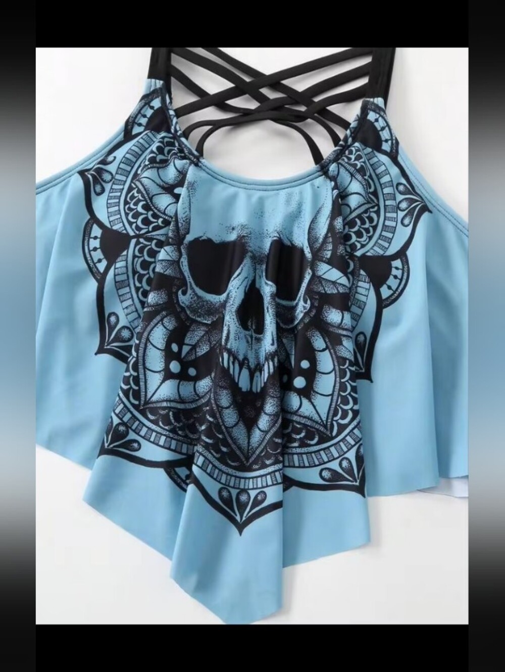 SHEIN-Skull Print Strappy Cold-Shoulder Swim Top (Teal/Black ) 🖤🩵 2XL